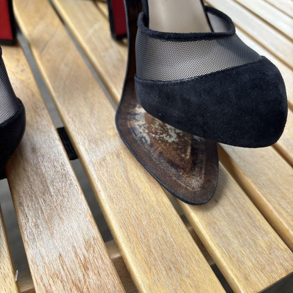 Christian Louboutin Suede Mesh Open-Toe Pumps - Picture 7 of 11